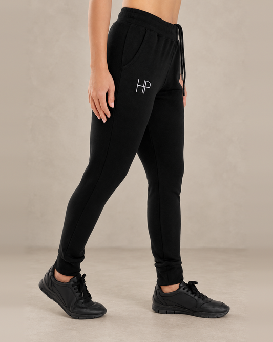 Black – Huda straight-leg French terry pants, side view with drawcord waist