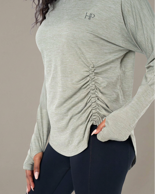 Khaki - Azra light neutral ruching detail