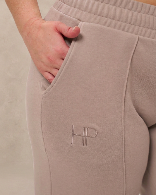 Sand – Salma Plus Size French terry palazzo pants, pocket and logo detail