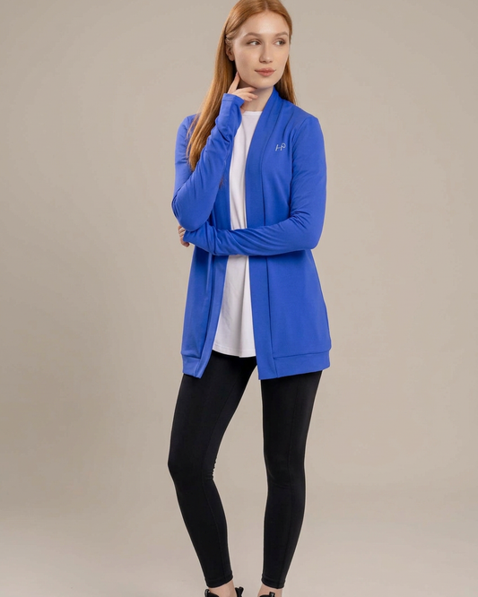 Royal Blue – Farah Fleece long open jacket in soft fleece, angled front view