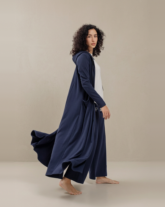 Navy – Rahma long French terry hooded jacket, walking, long jacket flowing