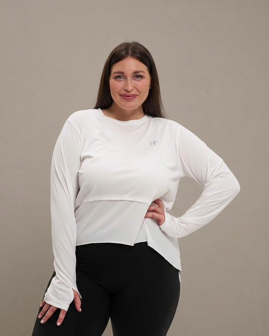 White – Basma Plus Size cropped layering top, front view