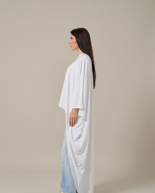White – Ameera flowing modest cape top, side view