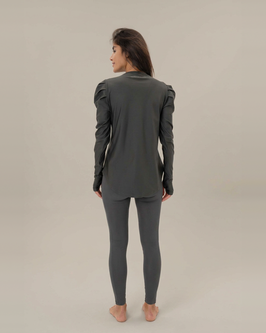 Olive – Yara Fleece puff-shoulder long sleeve winter top, back view