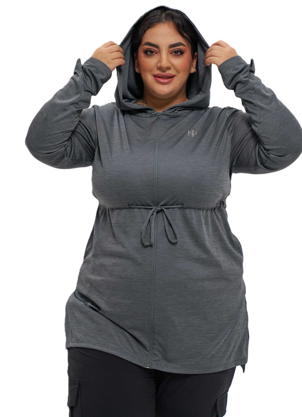 Hoodie Zipper Jacket with Waistband - Mehreen Plus