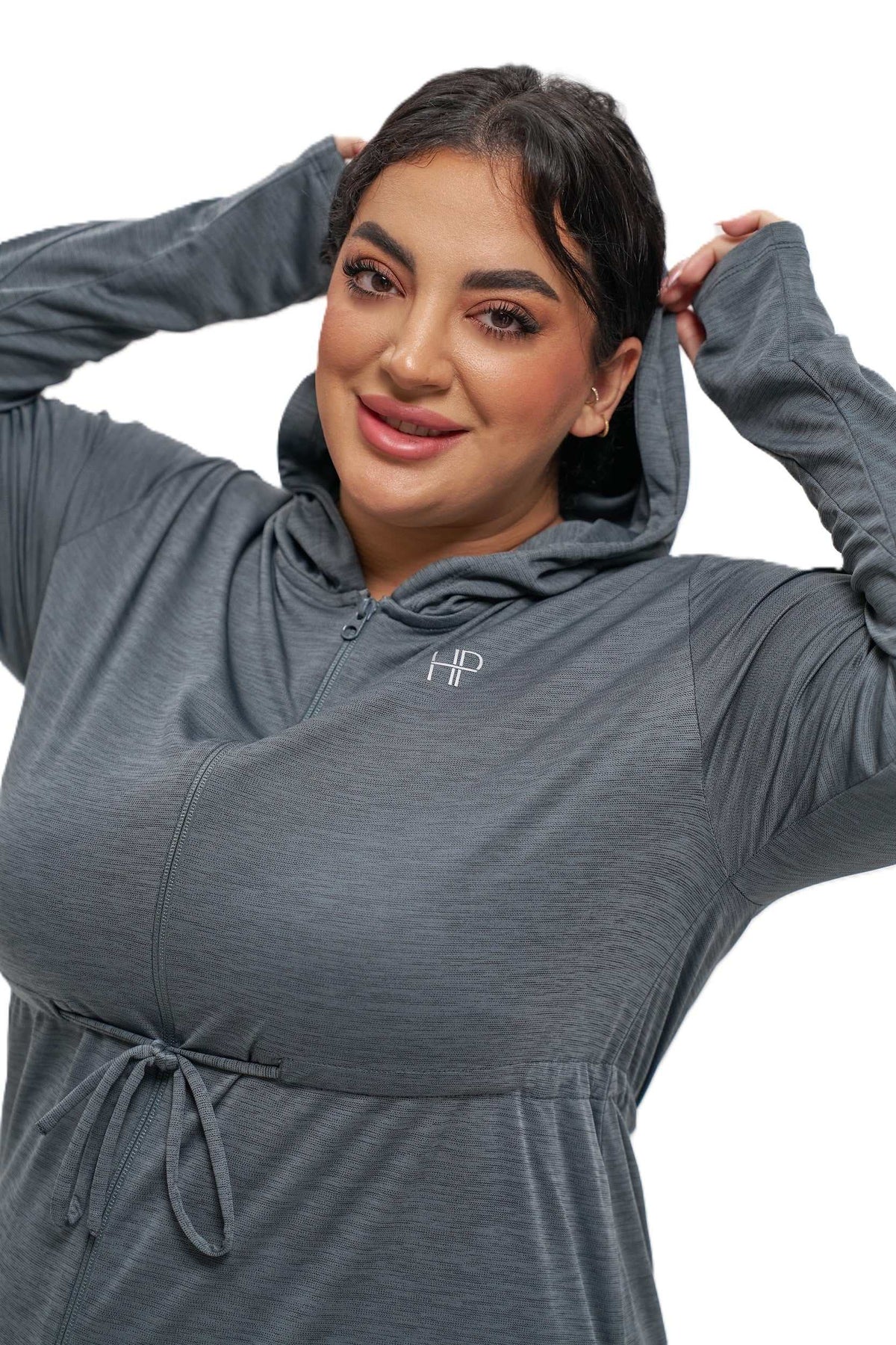 Hoodie Zipper Jacket with Waistband - Mehreen Plus