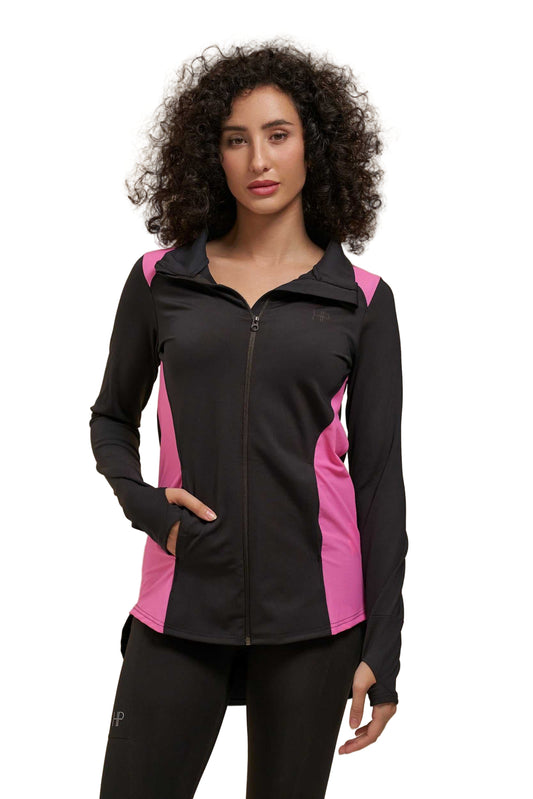 A woman wearing a black and pink zipper jacket with long sleeves, designed for active wear.
