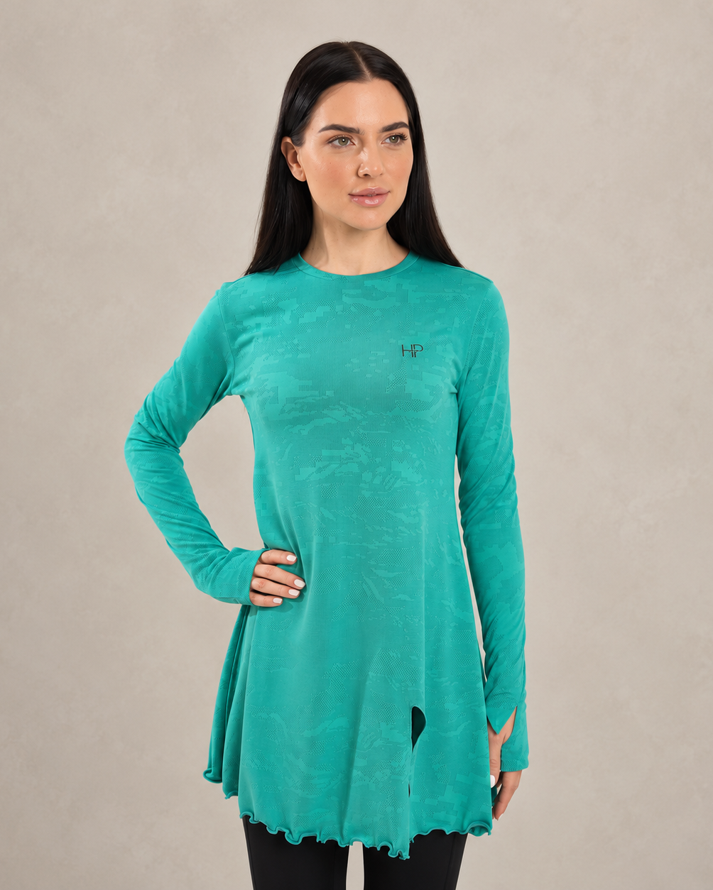 Maha – Long Jacquard Feminine Top, Modest Activewear