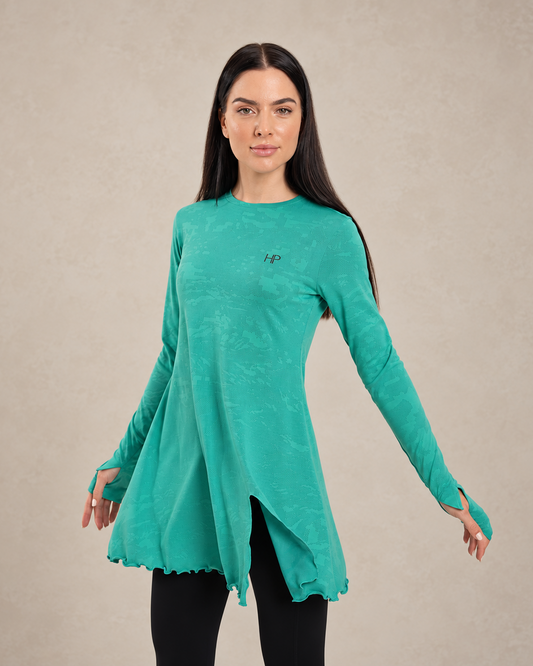 Turquoise – Maha long jacquard feminine top, A-line front view