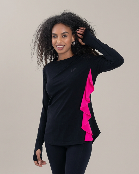 Black – Syah long modest top with wave panel design, front view