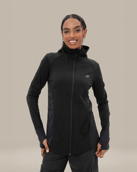 Black – Nedia hip-covering zip sports jacket, front view
