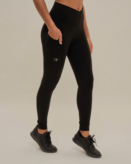 Black – Zayana performance leggings with criss-cross waist, front view