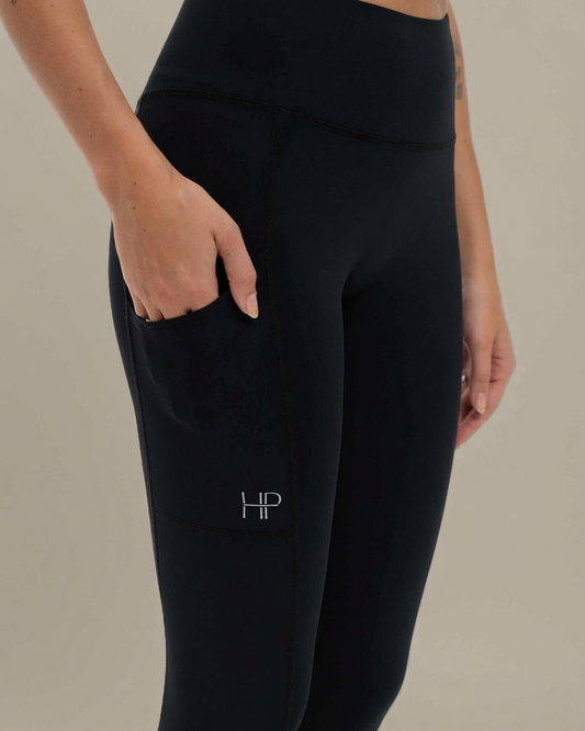 Black – Shahira high-waist compression leggings with side pocket, close-up of the high waistband and side pocket