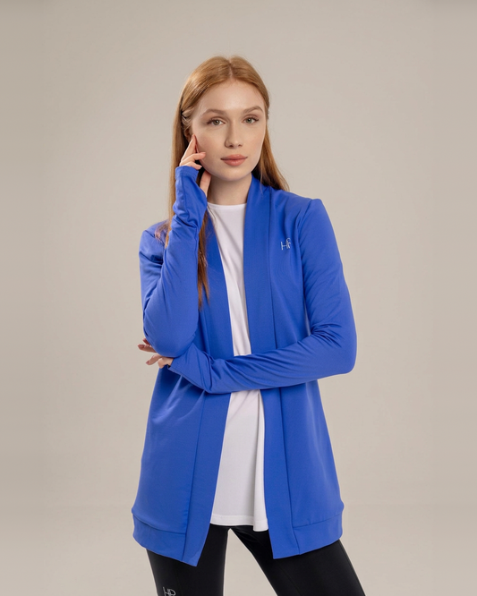Royal Blue – Farah Fleece long open jacket in soft fleece, front view