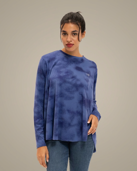 Blue Tie-Dye – Safa flowy long sleeve top with split back, front view