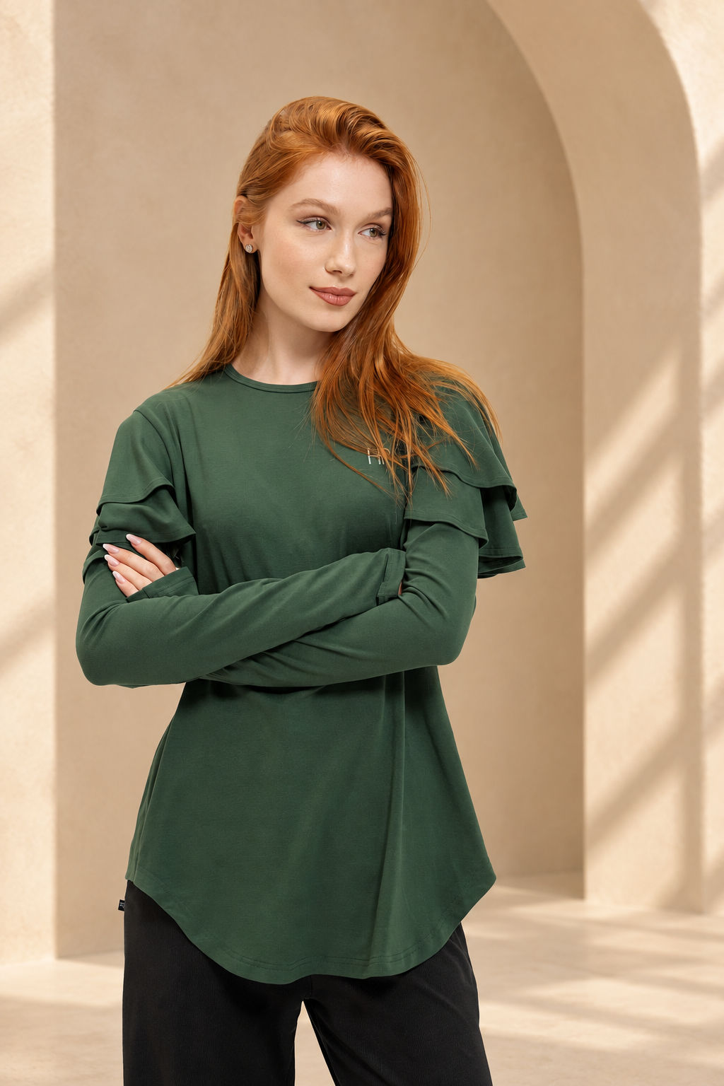 Aya – Modest Long Sleeve Sports Top with Ruffle Shoulders