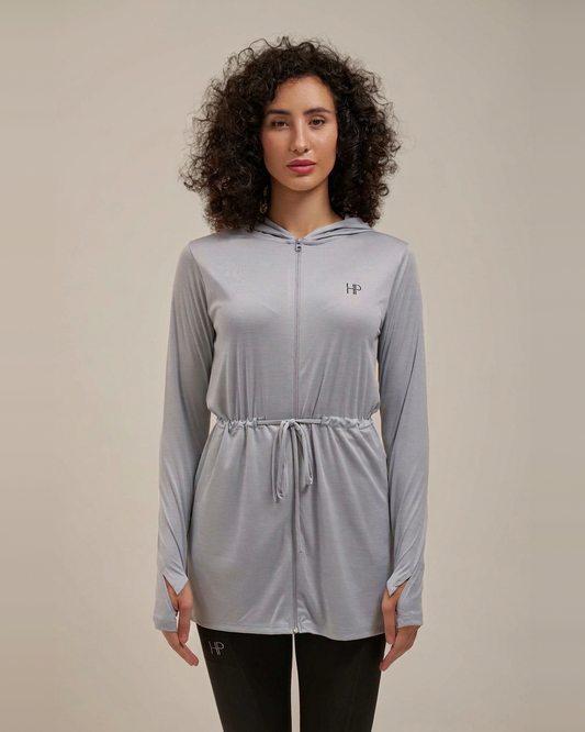 Light Grey – Mehreen lightweight zip hoodie jacket with waistband, front view