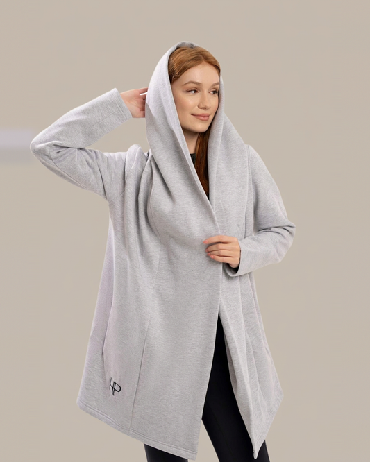 Light Grey – Ana soft fleece open jacket with hood, hood up, arm raised