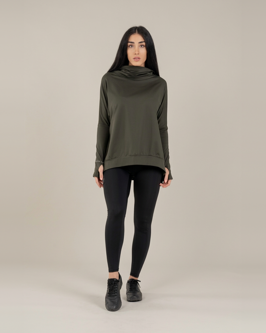 Olive – Hajar Fleece oversized collar loose top for winter, full-length front view