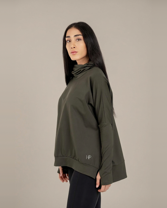 Olive – Hajar Fleece oversized collar loose top for winter, side view