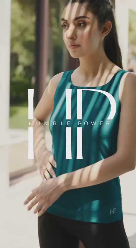 Woman stretching by the pool in a teal sports tank top