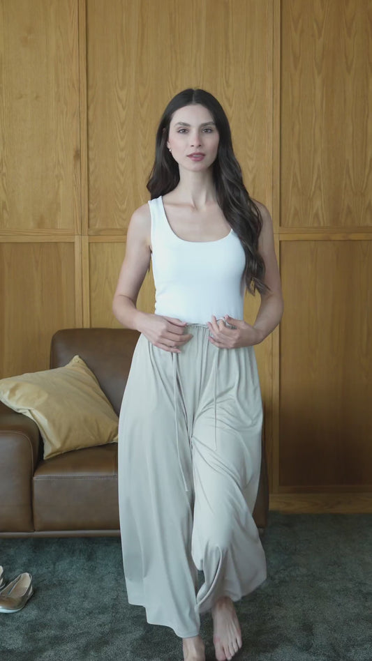 Siena oversized shirt and flowy pants set in mint, worn at home