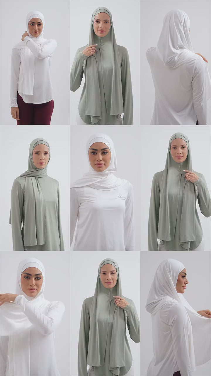 Video: Alina sport hijab and long top, several looks in white and sage