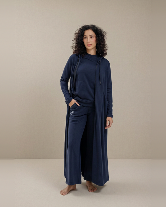 Navy – Rahma long French terry hooded jacket, front view, worn open