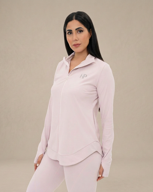 Light pink – Imen zip jacket with silver logo, angled view