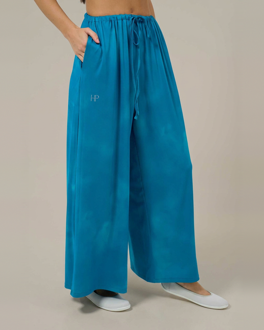 Turquoise – Essential Flow lightweight palazzo pants, front view with drawstring waist