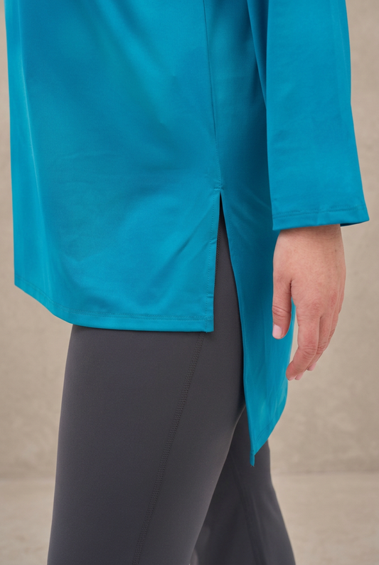 Turquoise split-hem detail
