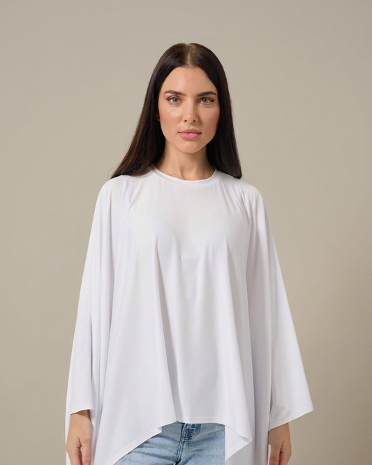 White – Ameera flowing modest cape top, front view