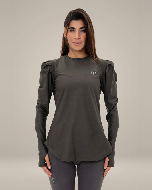 Olive – Yara Fleece puff-shoulder long sleeve winter top, front view